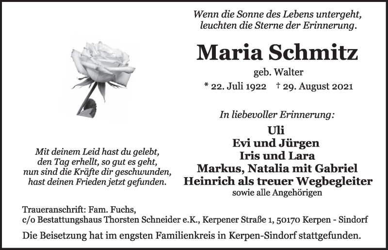  Traueranzeige für Maria Schmitz vom 03.09.2021 aus  Werbepost 