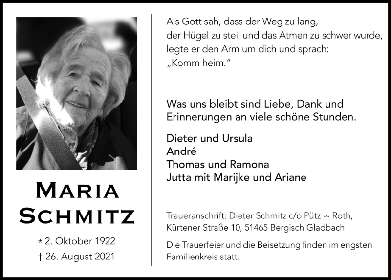  Traueranzeige für Maria Schmitz vom 03.09.2021 aus  Bergisches Handelsblatt 