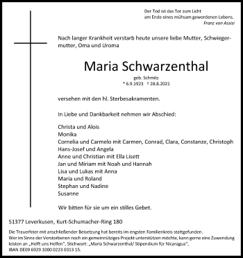 Anzeige von Maria Schwarzenthal von Kölner Stadt-Anzeiger / Kölnische Rundschau / Express