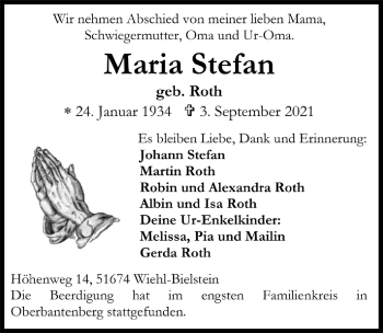 Anzeige von Maria Stefan von  Anzeigen Echo 