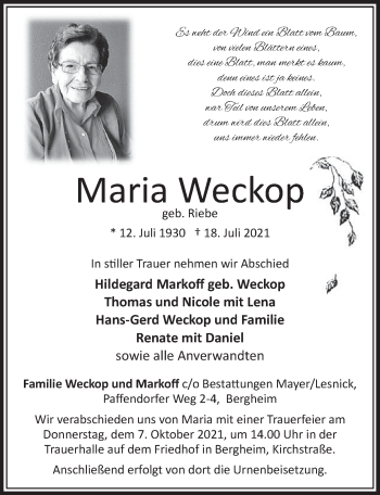 Anzeige von Maria Weckop von  Werbepost 