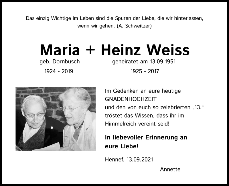  Traueranzeige für Maria Weiss vom 13.09.2021 aus Kölner Stadt-Anzeiger / Kölnische Rundschau / Express