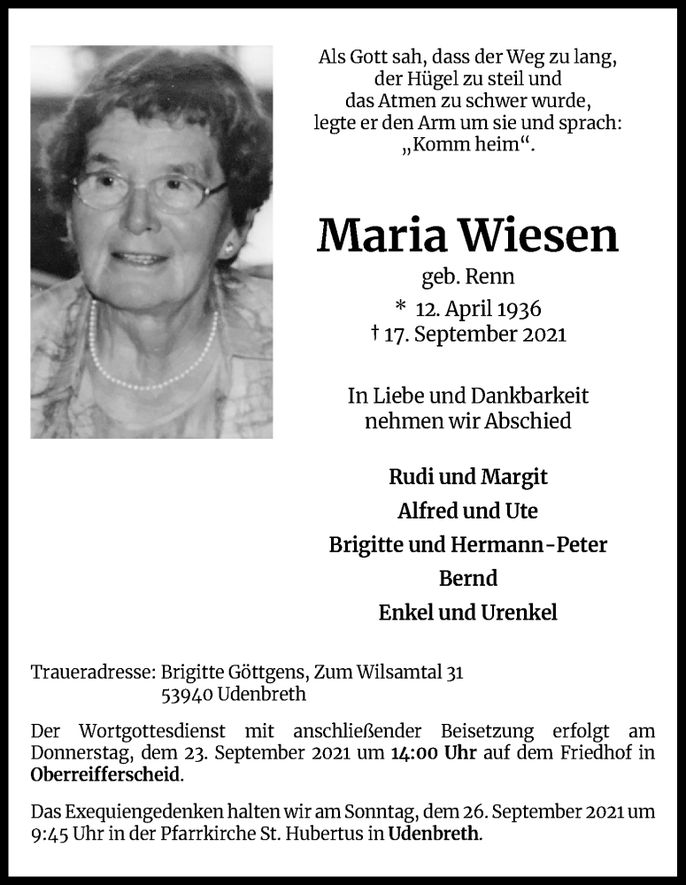  Traueranzeige für Maria Wiesen vom 21.09.2021 aus Kölner Stadt-Anzeiger / Kölnische Rundschau / Express