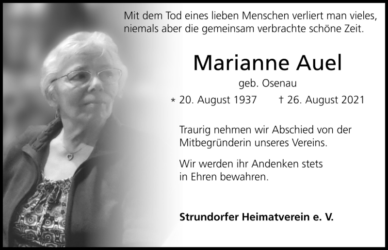  Traueranzeige für Marianne Auel vom 03.09.2021 aus  Bergisches Handelsblatt 