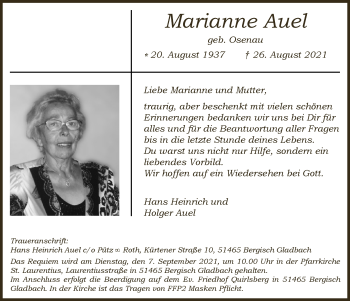 Anzeige von Marianne Auel von  Bergisches Handelsblatt 