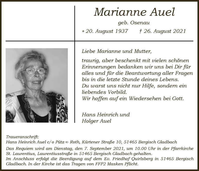 Traueranzeige für Marianne Auel vom 03.09.2021 aus  Bergisches Handelsblatt 