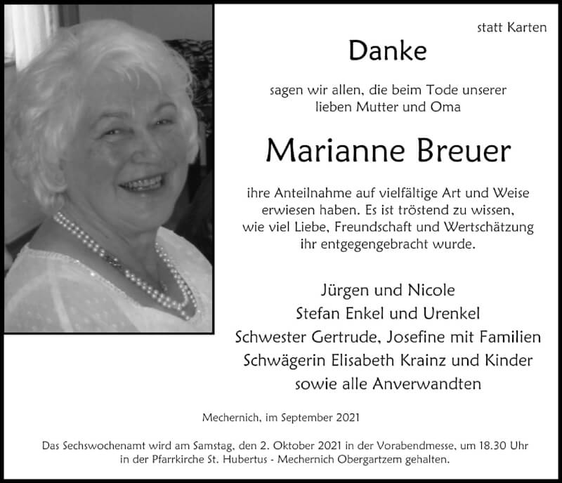  Traueranzeige für Marianne Breuer vom 25.09.2021 aus  Blickpunkt Euskirchen 