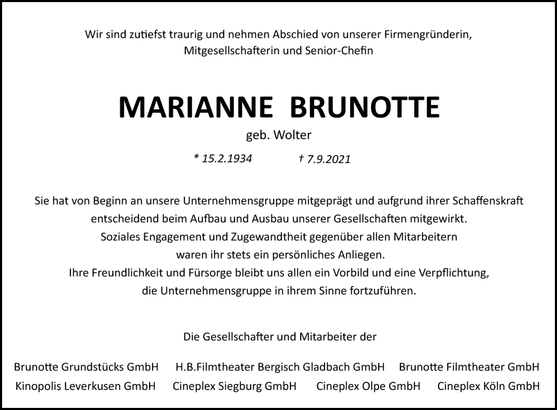  Traueranzeige für Marianne Brunote vom 11.09.2021 aus Kölner Stadt-Anzeiger / Kölnische Rundschau / Express