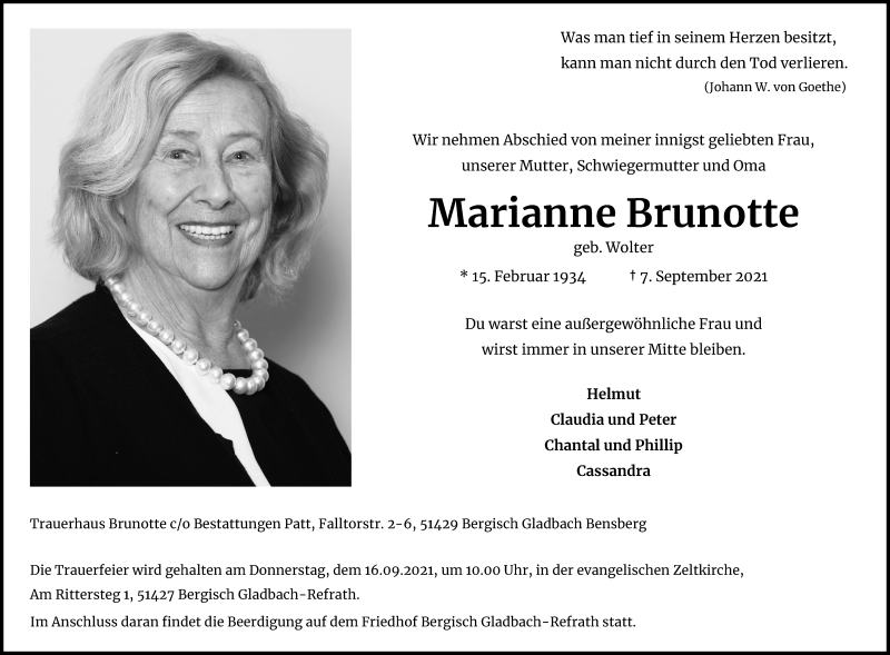  Traueranzeige für Marianne Brunotte vom 11.09.2021 aus Kölner Stadt-Anzeiger / Kölnische Rundschau / Express