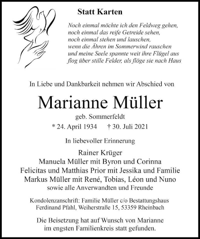  Traueranzeige für Marianne Müller vom 17.09.2021 aus  Schaufenster/Blickpunkt 