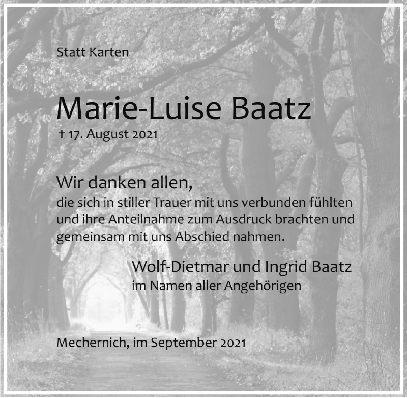  Traueranzeige für Marie-Luise Baatz vom 04.09.2021 aus  Blickpunkt Euskirchen 