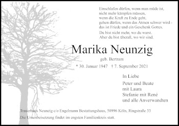 Anzeige von Marika Neunzig von Kölner Stadt-Anzeiger / Kölnische Rundschau / Express