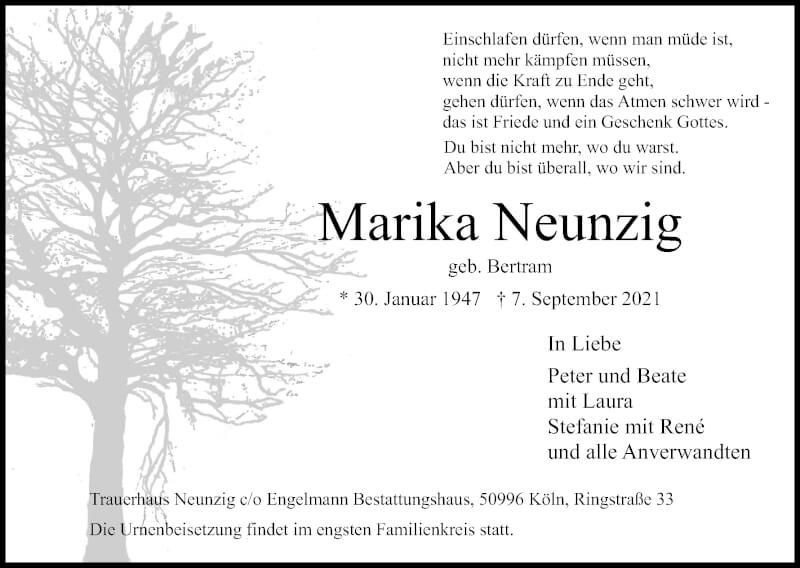  Traueranzeige für Marika Neunzig vom 18.09.2021 aus Kölner Stadt-Anzeiger / Kölnische Rundschau / Express
