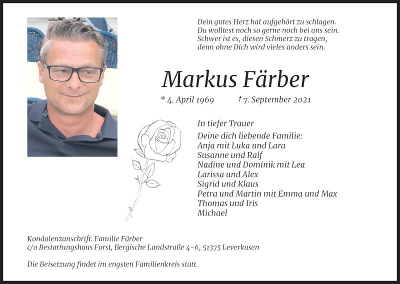  Traueranzeige für Markus Färber vom 18.09.2021 aus Kölner Stadt-Anzeiger / Kölnische Rundschau / Express
