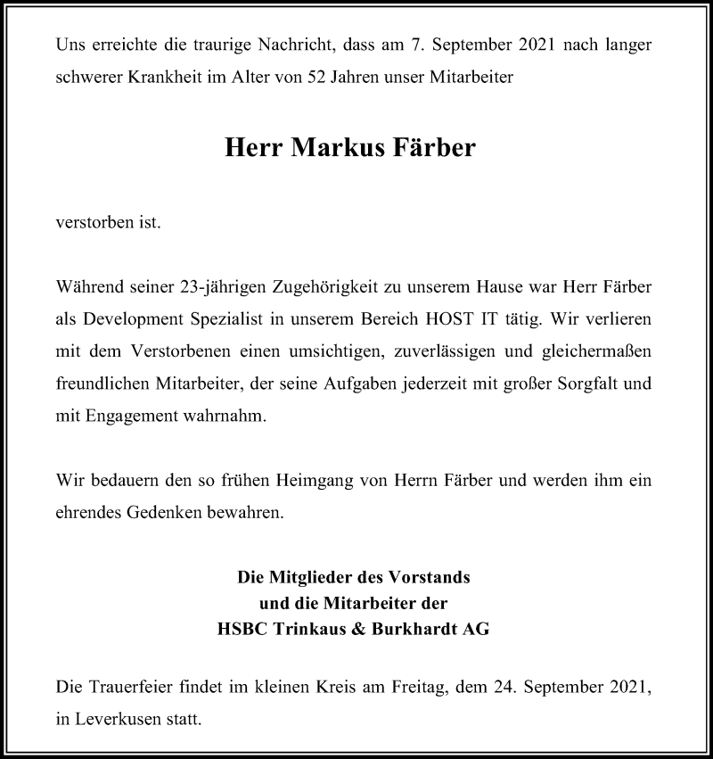  Traueranzeige für Markus Färber vom 23.09.2021 aus Kölner Stadt-Anzeiger / Kölnische Rundschau / Express