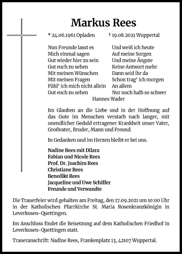  Traueranzeige für Markus Rees vom 11.09.2021 aus Kölner Stadt-Anzeiger / Kölnische Rundschau / Express