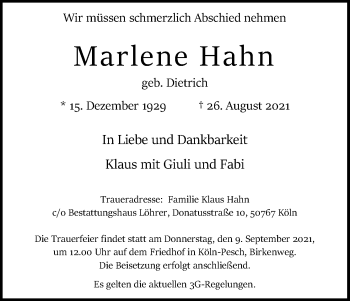 Anzeige von Marlene Hahn von Kölner Stadt-Anzeiger / Kölnische Rundschau / Express