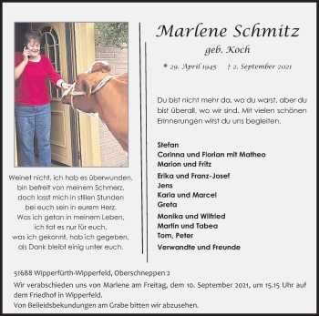 Anzeige von Marlene Schmitz von Kölner Stadt-Anzeiger / Kölnische Rundschau / Express