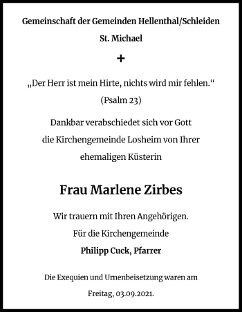 Anzeige von Marlene Zirbes von Kölner Stadt-Anzeiger / Kölnische Rundschau / Express