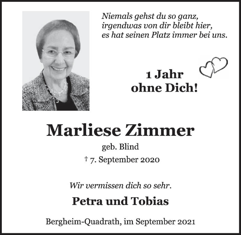  Traueranzeige für Marliese Zimmer vom 17.09.2021 aus  Werbepost 