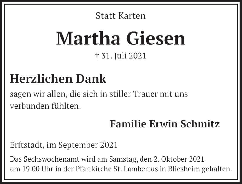  Traueranzeige für Martha Giesen vom 17.09.2021 aus  Werbepost 