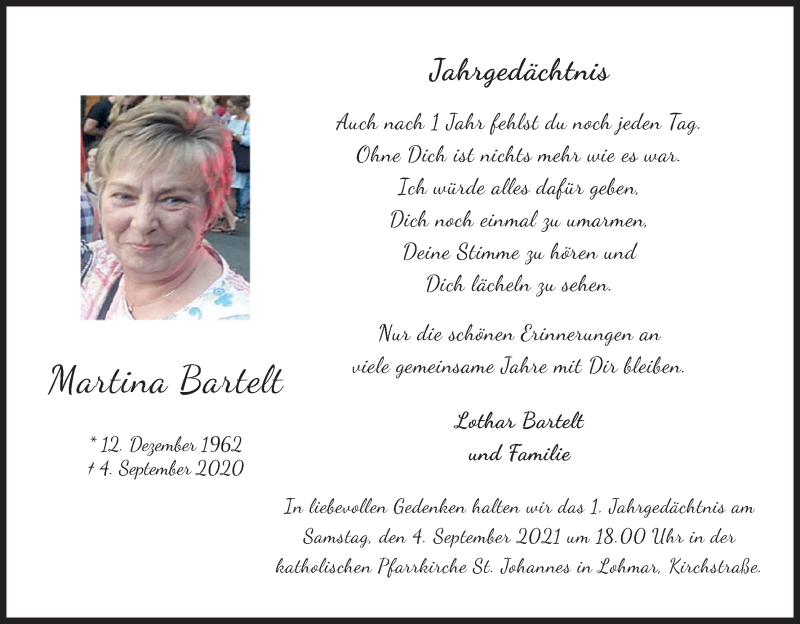  Traueranzeige für Martina Bartelt vom 04.09.2021 aus Kölner Stadt-Anzeiger / Kölnische Rundschau / Express