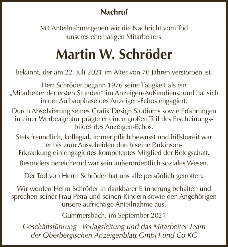  Traueranzeige für Martin W. Schröder vom 03.09.2021 aus  Anzeigen Echo 
