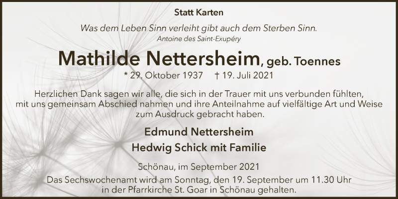  Traueranzeige für Mathilde Nettersheim vom 11.09.2021 aus  Blickpunkt Euskirchen 