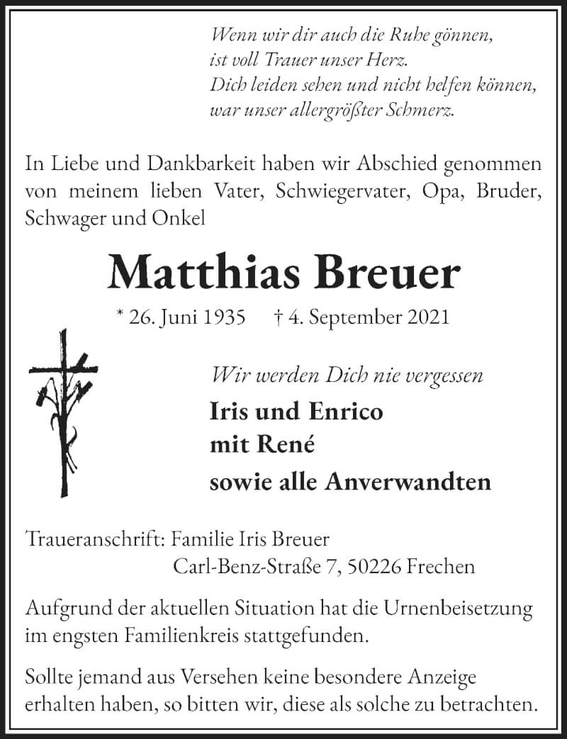  Traueranzeige für Matthias Breuer vom 17.09.2021 aus  Wochenende 