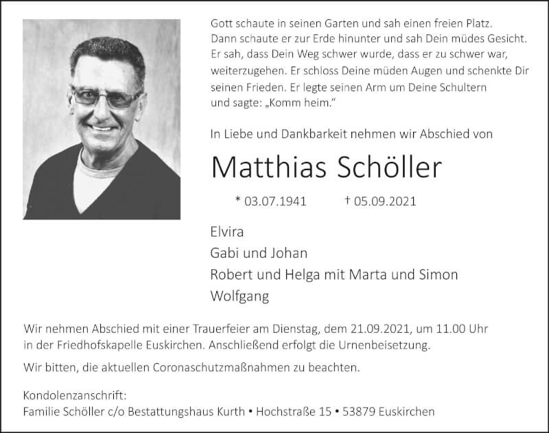  Traueranzeige für Matthias Schöller vom 18.09.2021 aus  Blickpunkt Euskirchen 