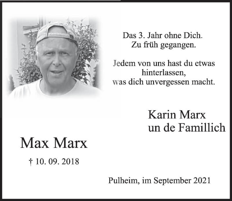  Traueranzeige für Max Marx vom 17.09.2021 aus  Wochenende 