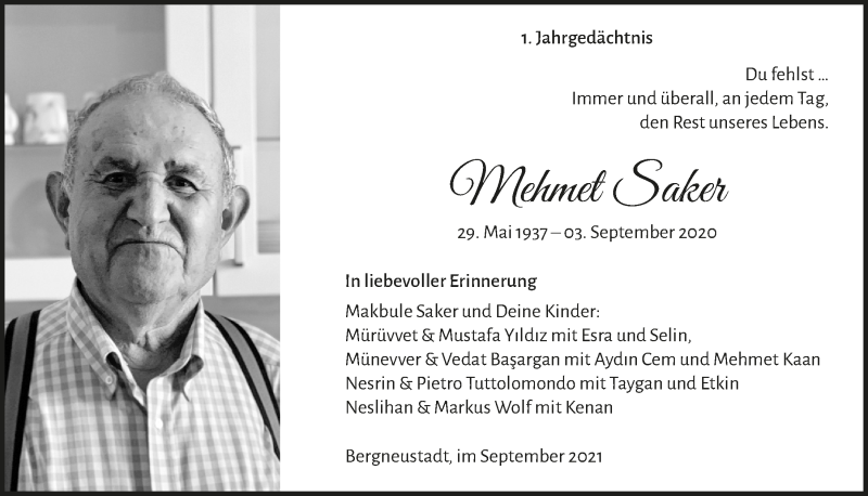  Traueranzeige für Mehmet Saker vom 03.09.2021 aus  Anzeigen Echo 