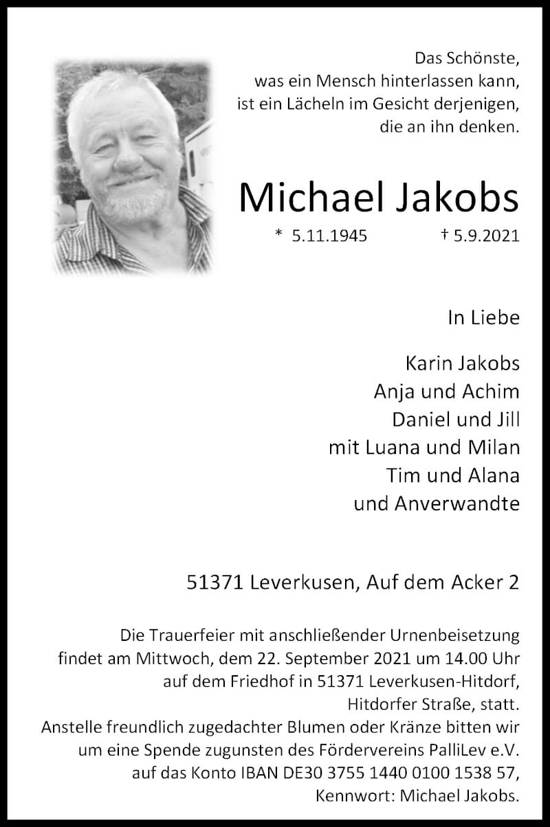  Traueranzeige für Michael Jakobs vom 18.09.2021 aus Kölner Stadt-Anzeiger / Kölnische Rundschau / Express