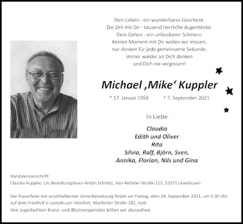 Anzeige von Michael Kuppler von Kölner Stadt-Anzeiger / Kölnische Rundschau / Express