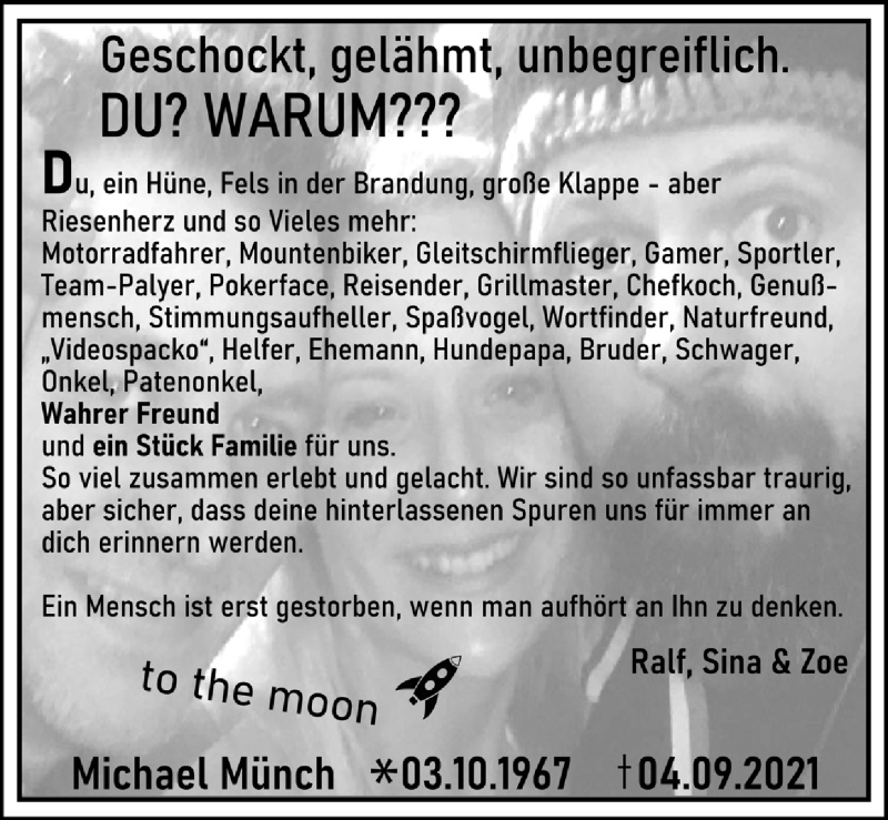  Traueranzeige für Michael Münch vom 10.09.2021 aus  Schlossbote/Werbekurier 