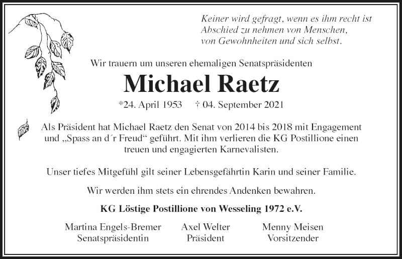  Traueranzeige für Michael Raetz vom 17.09.2021 aus  Schlossbote/Werbekurier 