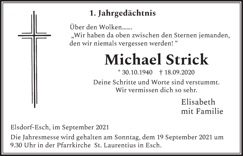  Traueranzeige für Michael Strick vom 10.09.2021 aus  Werbepost 