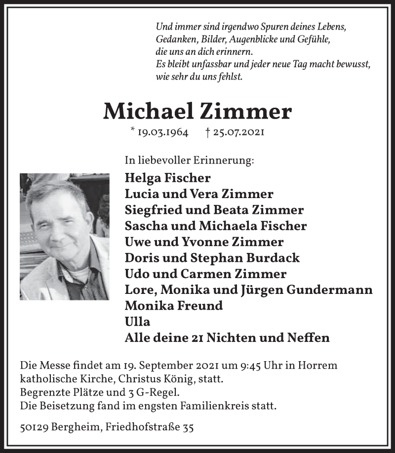  Traueranzeige für Michael Zimmer vom 10.09.2021 aus  Werbepost 