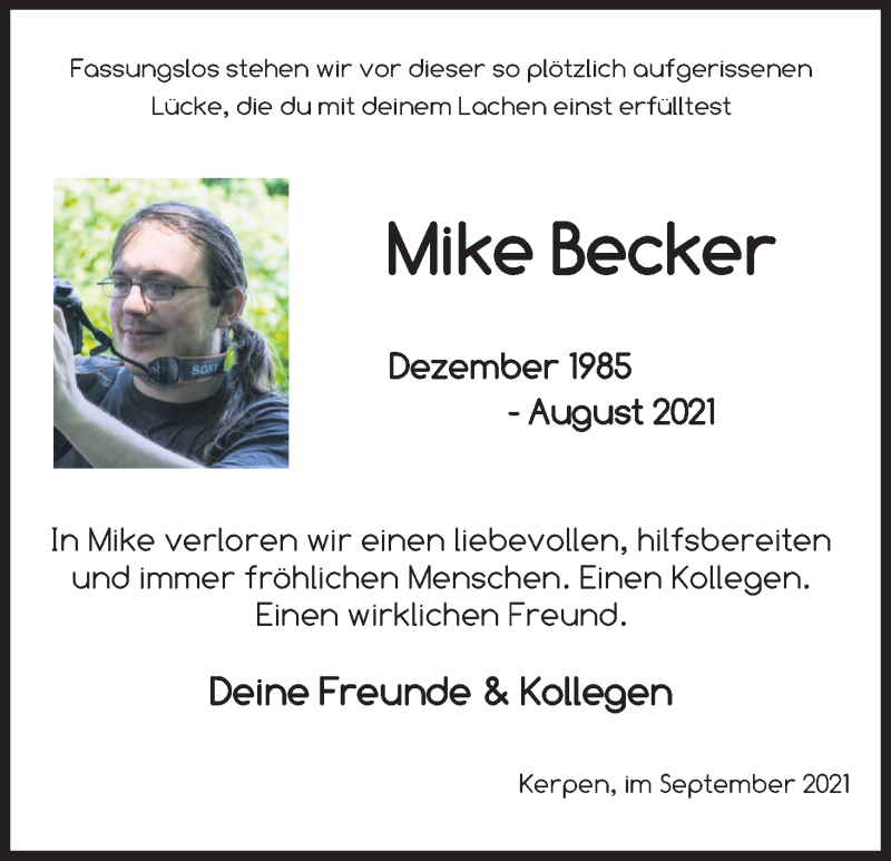  Traueranzeige für Mike Becker vom 16.09.2021 aus Kölner Stadt-Anzeiger / Kölnische Rundschau / Express