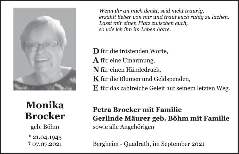  Traueranzeige für Monika Brocker vom 17.09.2021 aus  Werbepost 