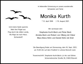 Anzeige von Monika Kurth von Kölner Stadt-Anzeiger / Kölnische Rundschau / Express