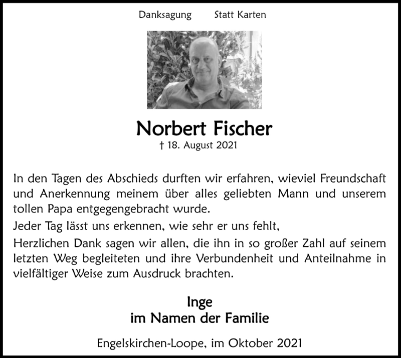  Traueranzeige für Norbert Fischer vom 01.10.2021 aus  Bergisches Handelsblatt  Anzeigen Echo 