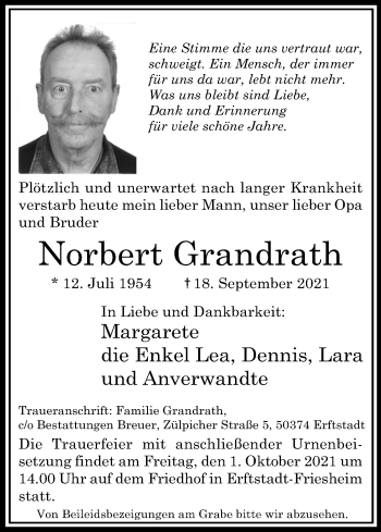 Anzeige von Norbert Grandrath von Kölner Stadt-Anzeiger / Kölnische Rundschau / Express