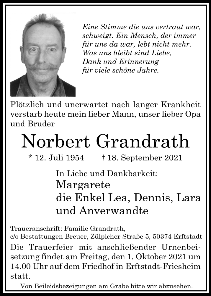  Traueranzeige für Norbert Grandrath vom 28.09.2021 aus Kölner Stadt-Anzeiger / Kölnische Rundschau / Express