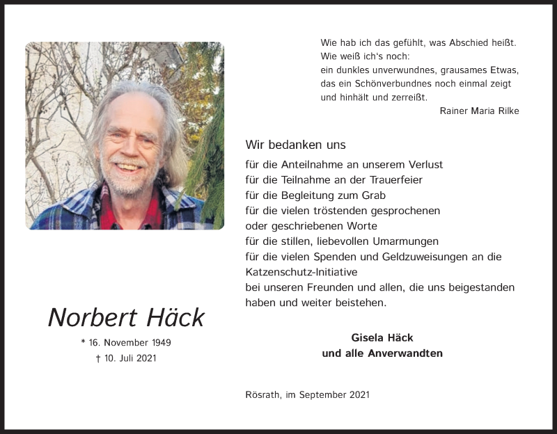  Traueranzeige für Norbert Häck vom 11.09.2021 aus Kölner Stadt-Anzeiger / Kölnische Rundschau / Express