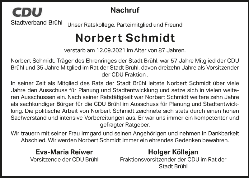  Traueranzeige für Norbert Schmidt vom 18.07.2023 aus  Schlossbote/Werbekurier 