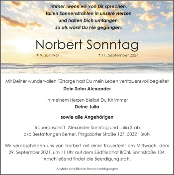 Anzeige von Norbert Sonntag von  Schlossbote/Werbekurier 