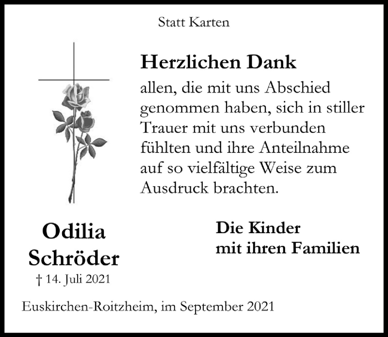  Traueranzeige für Odilia Schröder vom 11.09.2021 aus  Blickpunkt Euskirchen 