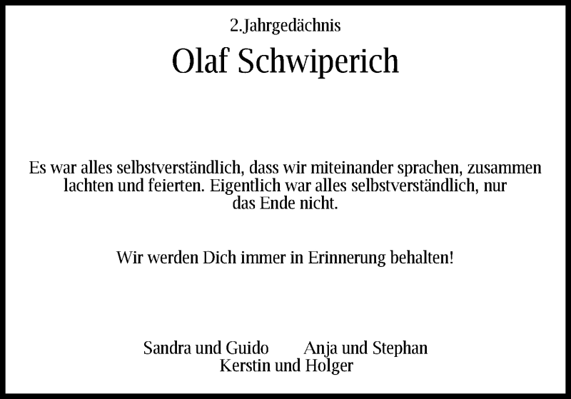  Traueranzeige für Olaf Schwiperich vom 15.09.2021 aus Kölner Stadt-Anzeiger / Kölnische Rundschau / Express