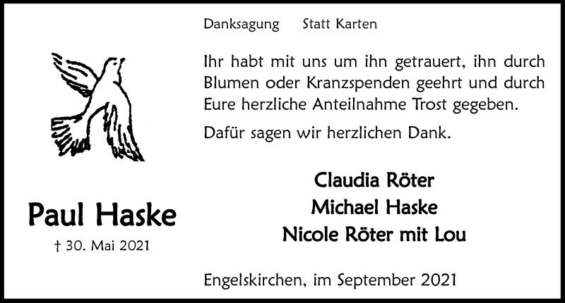  Traueranzeige für Paul Haske vom 03.09.2021 aus  Anzeigen Echo 